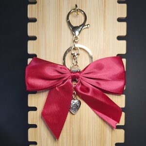 Elegant Red Bow Purse Charm With Key Ring And Silver Heart Charm